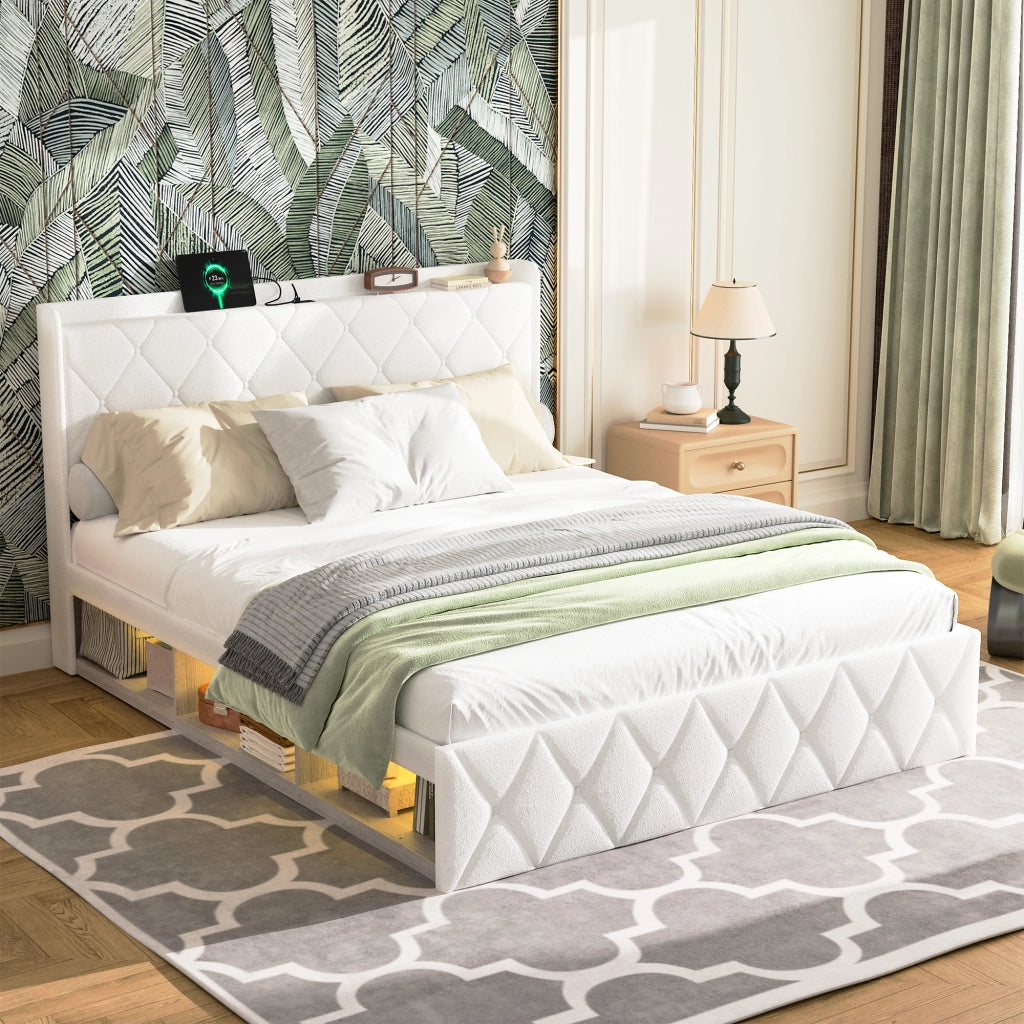Letto imbottito 140 × 200 cm con USB, LED, 6 cassetti, ripiano testiera, senza materasso, bianco