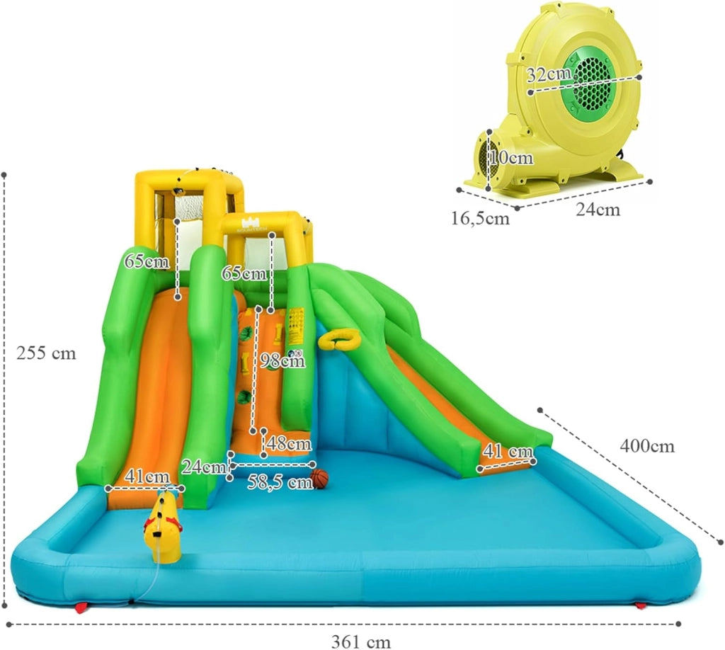 Castello Gonfiabile 5 in 1 con Soffiatore da 480W, Parco Acquatico con 2 Scivoli, Piscina, Parete di Arrampicata, Cannone, Cerchio e Palla da Basket, Borsa di Trasporto e Kit di Riparazione