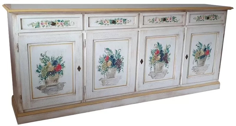 Credenza 4 porte legno shabby bianco anticato decori ocra 205x42x86 - Mobili 2G