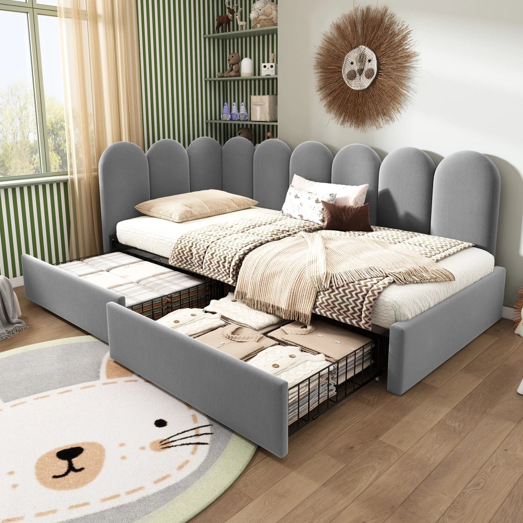 OKWISH Letto Divano 90×190 cm, Letto Singolo con 2 Cassetti e Schienale Imbottito, senza Materasso, in Velluto, Grigio