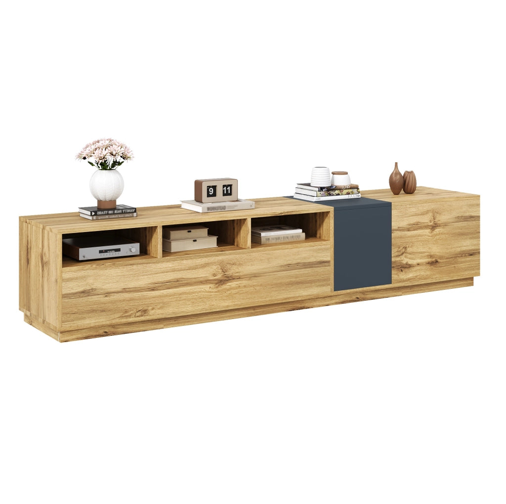 Mobile TV 200x45x45 cm con 3 vani aperti e 3 ante; pannello truciolare nero; grigio e naturale