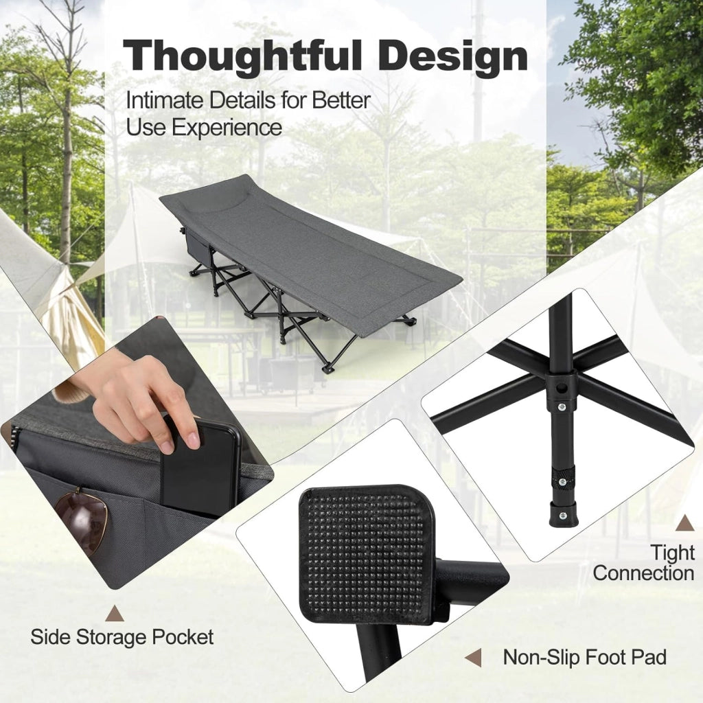 SOARS Lettino pieghevole da campeggio con cuscino integrato, letto pieghevole con tasca laterale e borsa per il trasporto, portata fino a 200 kg, per interni, esterni, 190 x 69 x 48,5 cm