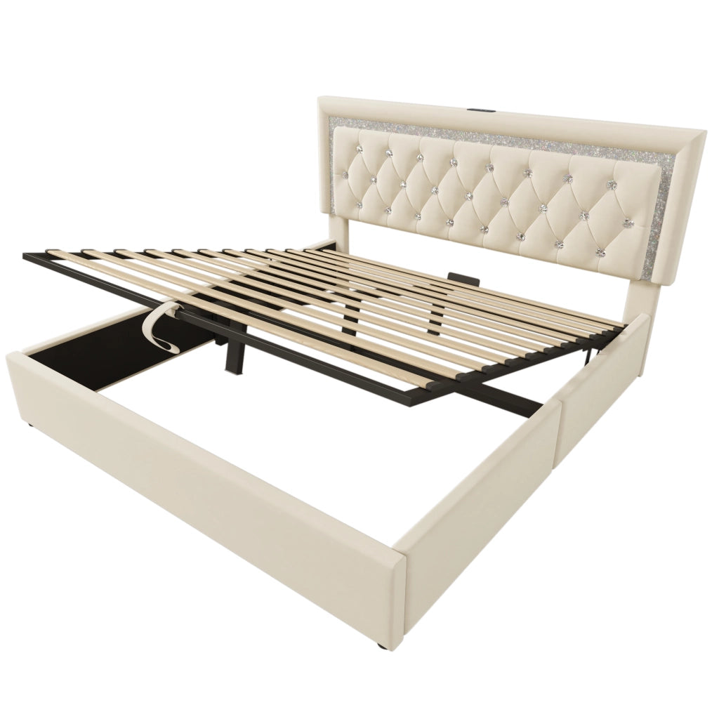 Letto matrimoniale imbottito 160x200 cm in velluto beige con LED, USB-C, contenitore e rete