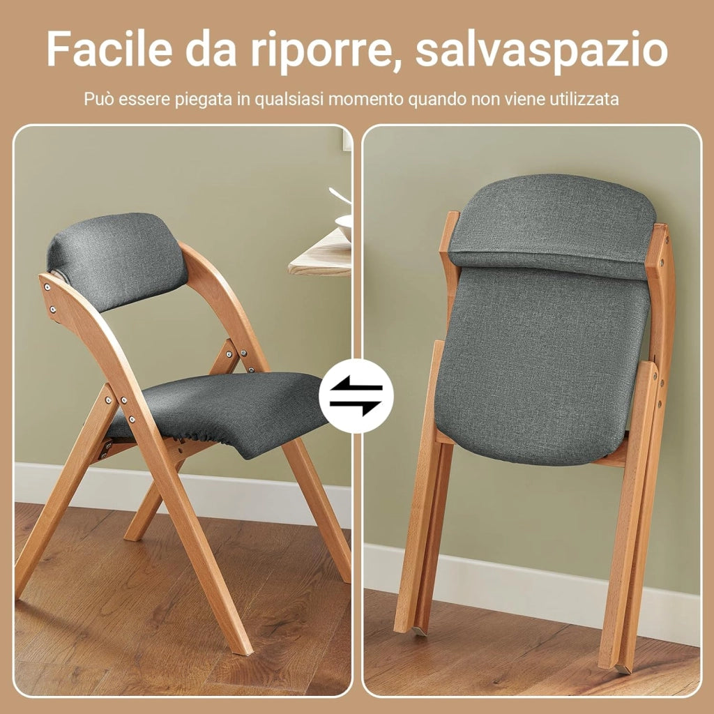 Sedia Pieghevole in Legno Set da 2 Poltrona Imbottita da Cucina, Sedie da Interno per Ufficio, Balcone, Giardino – Sedie Pieghevoli Salvaspazio Richiudibili in Faggio, Grigio Scuro FST92-SGx2