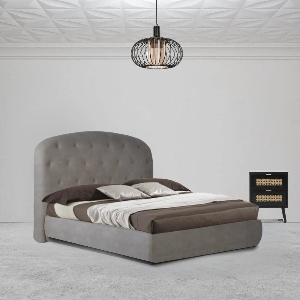Letto matrimoniale contenitore Button1 grigio chiaro con testiera arrotondata