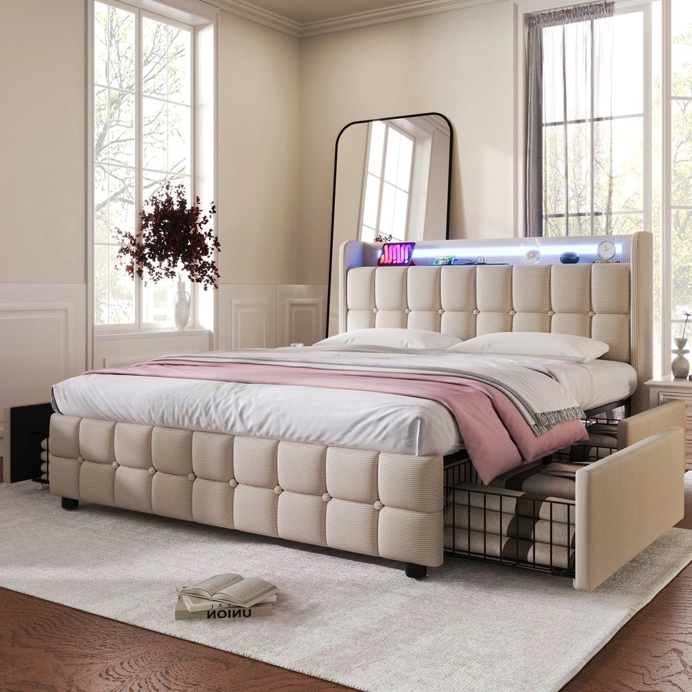 Letto Imbottito Contenitore con LED e USB ¨C MINIMAL ¨C Matrimoniale 160x200, 4 Cassetti, Beige, con Materasso