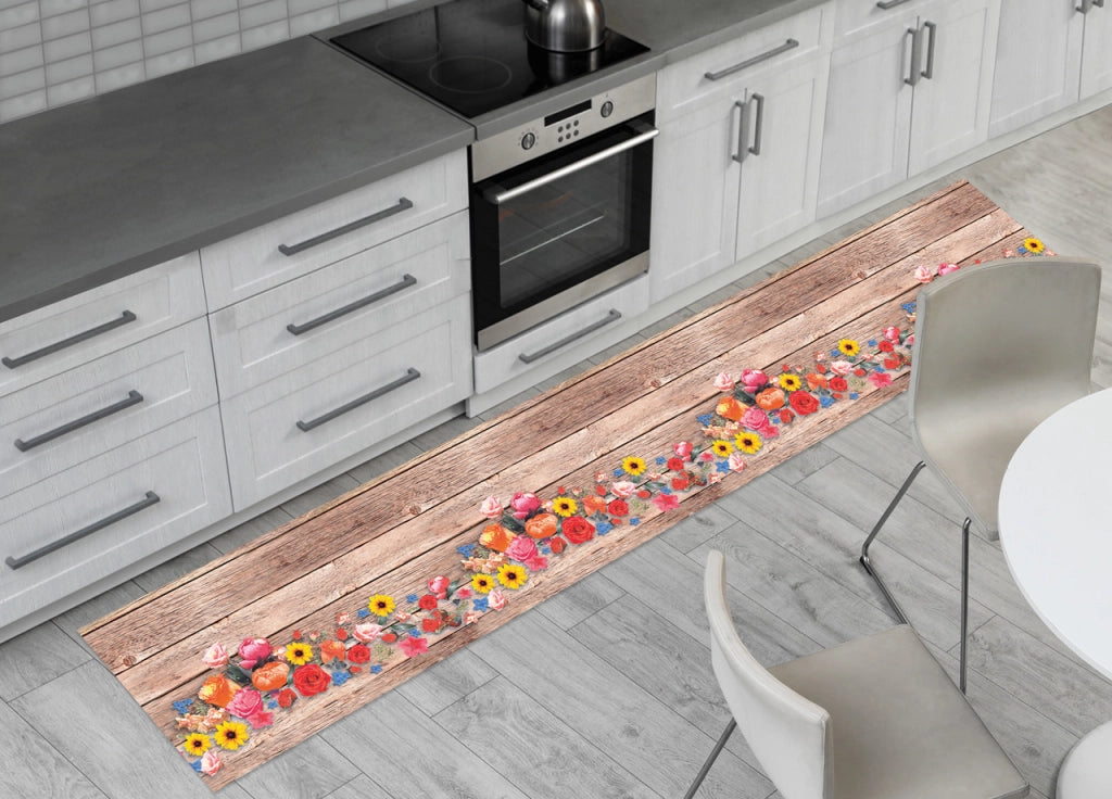 Tappeto Passatoia Antiscivolo Con Stampa Digitale Disegno Bouquet Legno - 50x230 - Flowers