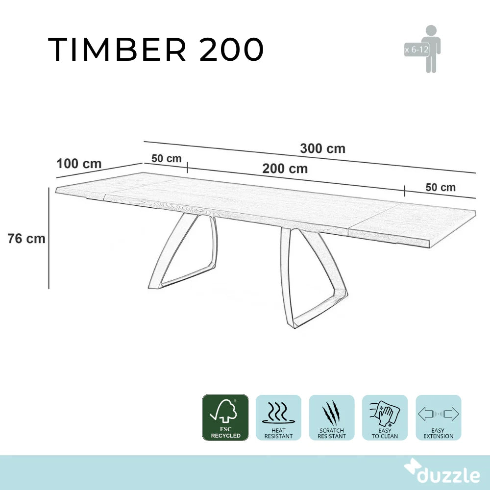 Tavolo da pranzo allungabile in legno impiallacciato rovere naturale Timber 200-300x100 cm fino a 12 posti Made in Italy | Duzzle