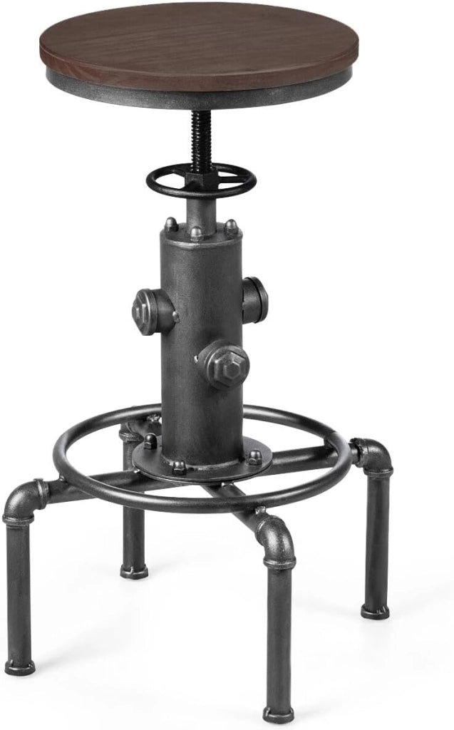 Sgabelli da Bar Industriale Girevole 360°, con Poggiapiedi, Sgabello Cucina Seduta Tonda Altezza Regolabile 60-75 cm, in Ferro e Pino (Grigio, 1)