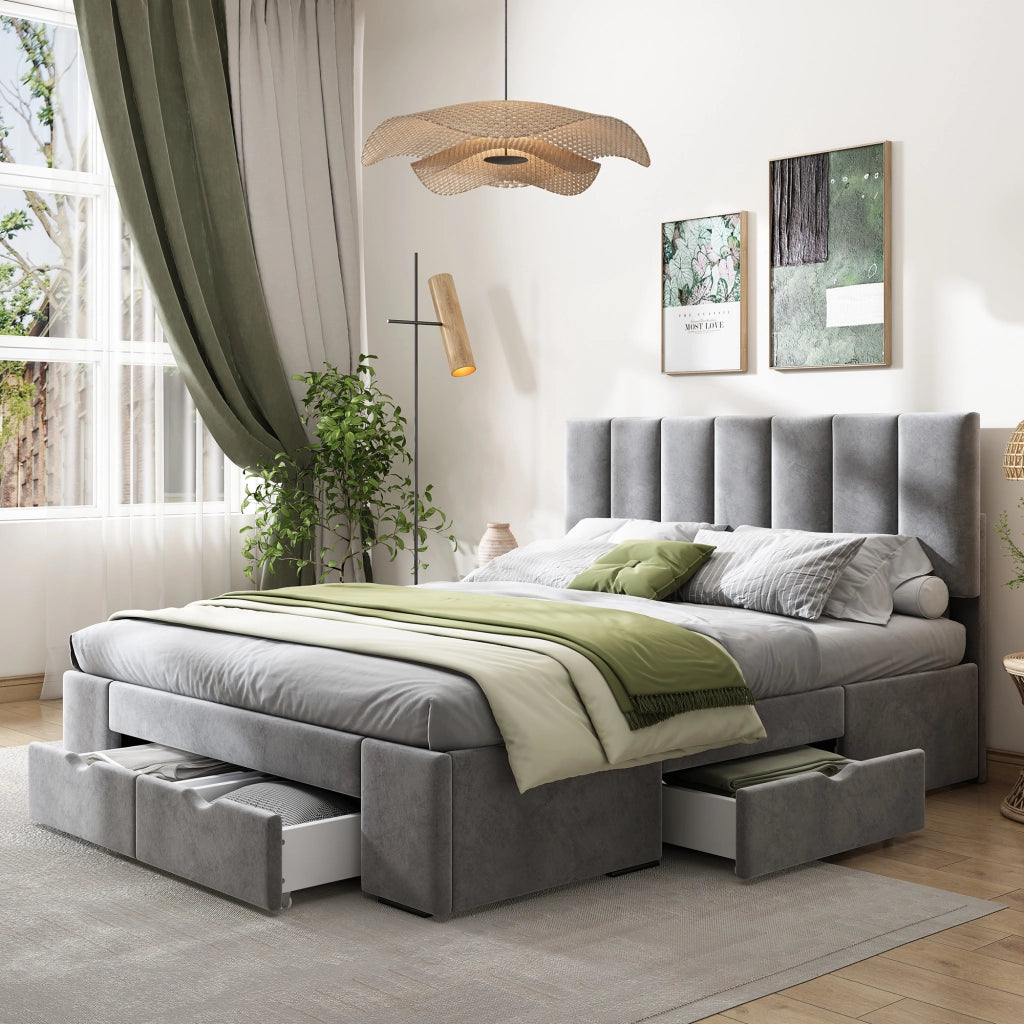 Letto imbottito 140x200 cm in velluto grigio con rete a doghe e 4 cassetti