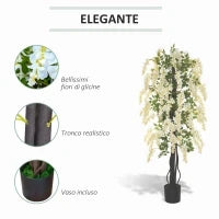 Pianta Artificiale Glicine Bianco Finto con Vaso per Interni ed Esterni, Bianco e Verde Ø18 x 165cm