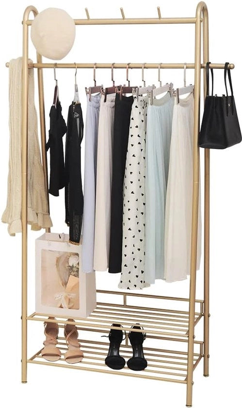 Pannellino per abbigliamento, maniglione con 4 ganci, 2 ripiani per scarpe, stendibiancheria, asciugabiancheria, stabile, dorato, standard multifunzionale per camera da letto, soggiorno, ingresso