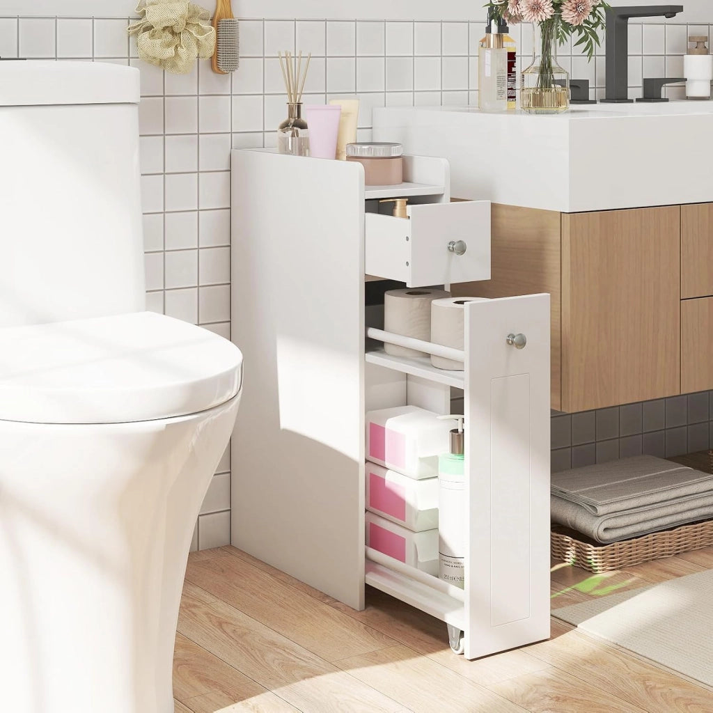 Mobile da Bagno Piccolo, Mobiletto Salvaspazio Stretto a 4 Ripiani con Cassetti Estraibili su Ruote, Credenza Sottile da Terra Porta Carta Igienica per Spazi Ridotti (Bianco)