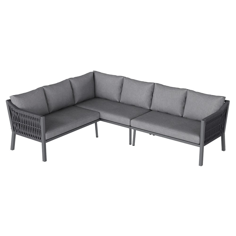Set da Giardino 8 Posti con Tavolo in Vetro e Divano ad Angolo ¨C Xylo ¨C Grigio, Ferro, Corda