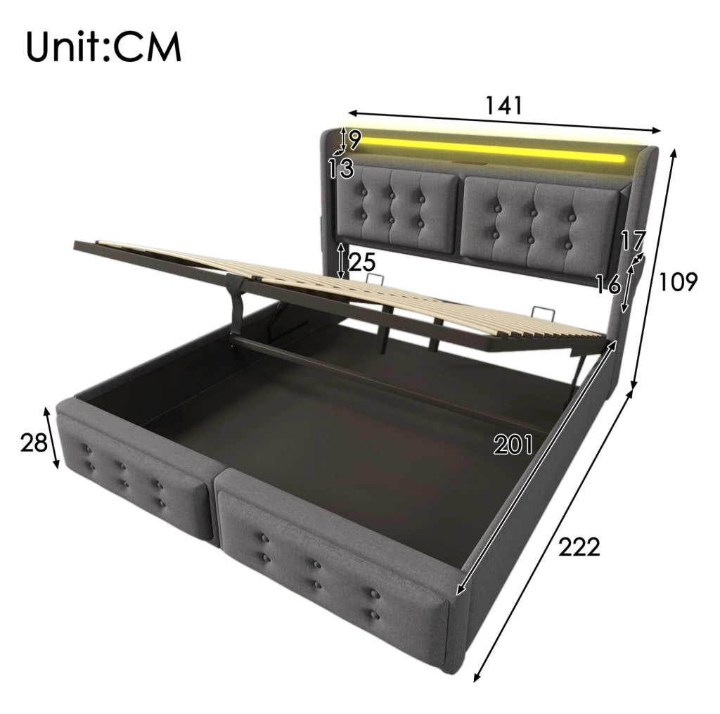 Letto contenitore 140 × 200 cm con LED; prese USB e Type-C; grigio