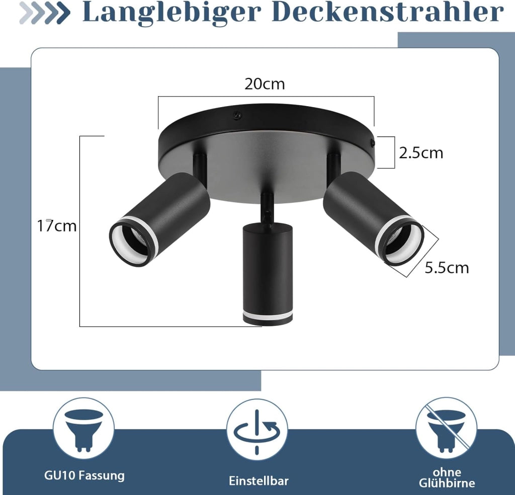 ZMH Faretto da soffitto Rotondo Nero 3 Luci GU10 Orientabile da Interno in Metallo per Corridoio Senza Lampadine