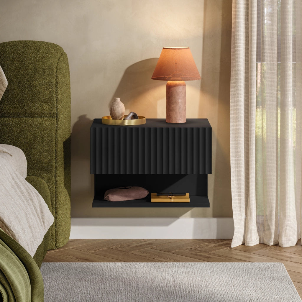 Comodino Sospeso da Parete Nand con Cassetto e Ripiano 42x30x30 cm Nero [en.casa]