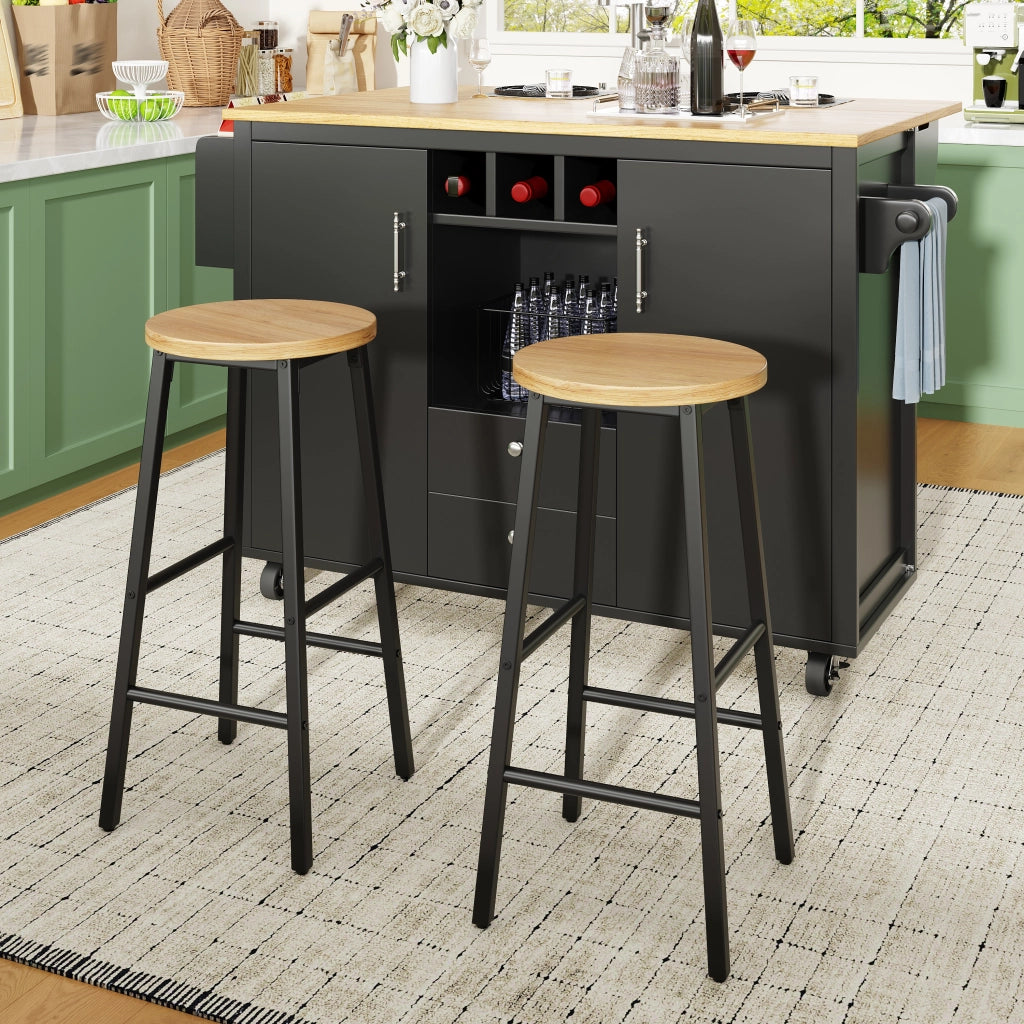 Sgabello da bar 2 pezzi con seduta effetto legno e due poggiapiedi, piedi regolabili e struttura in metallo nero 63 cm