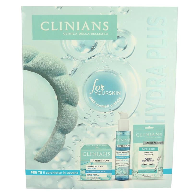 CLINIANS CONFEZIONE REGALO HYDRA PLUS GEL DETERGENTE RINFRESCANTE 150ML, CREMA IDRATANTE LEGGERA 50ML, PATCH OCCHI IDRATANTE ANTI-FATICA 3.6ML + CERCHIETTO IN SPUGNA - PELLI NORMALI O MISTE
