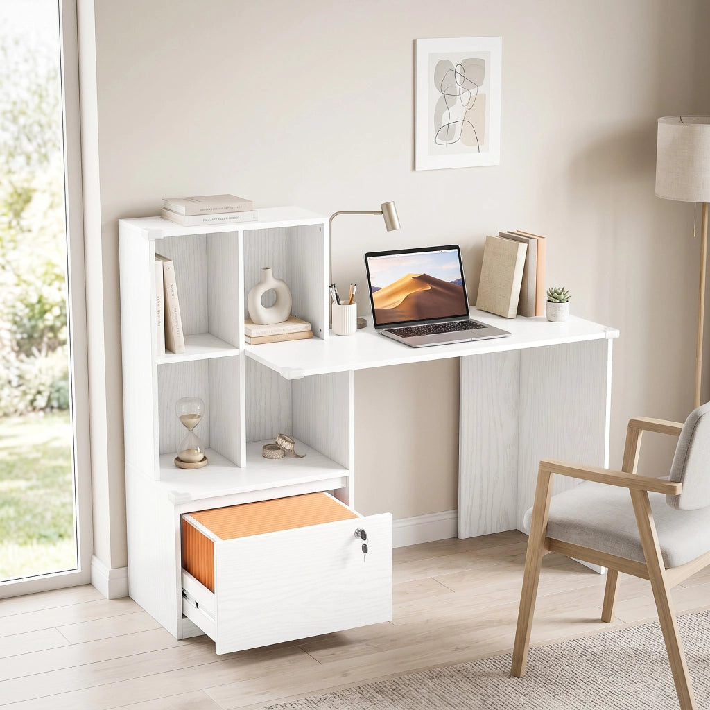 Scrivania computer con libreria 4 ripiani e cassetto ¨C Xylo ¨C Legno bianco 126x50x109 cm