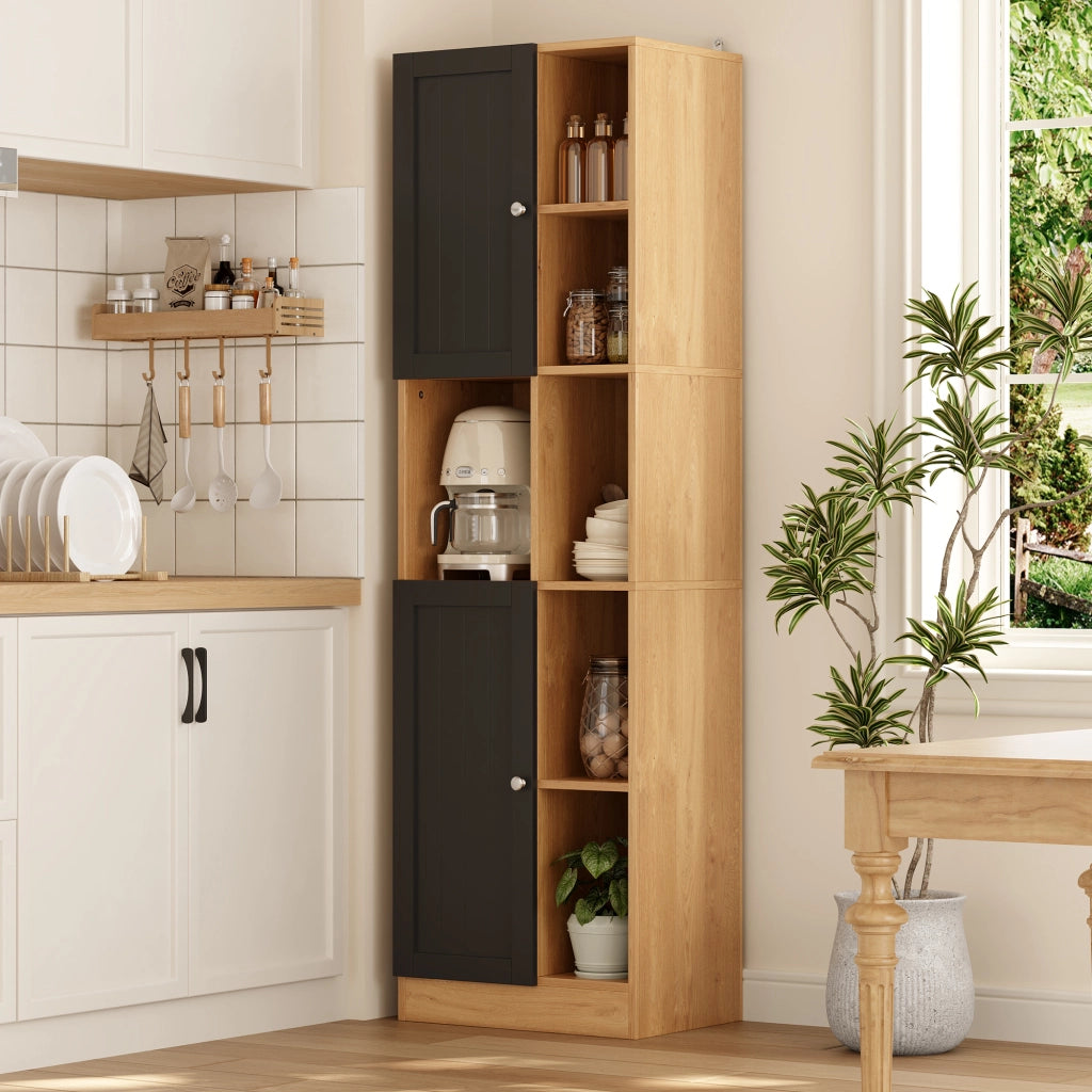 Mobile angolare alto con 6 ripiani aperti e 2 ante, scaffale salvaspazio per cucina e zona pranzo, 50×35,5×170 cm, antracite/effetto legno