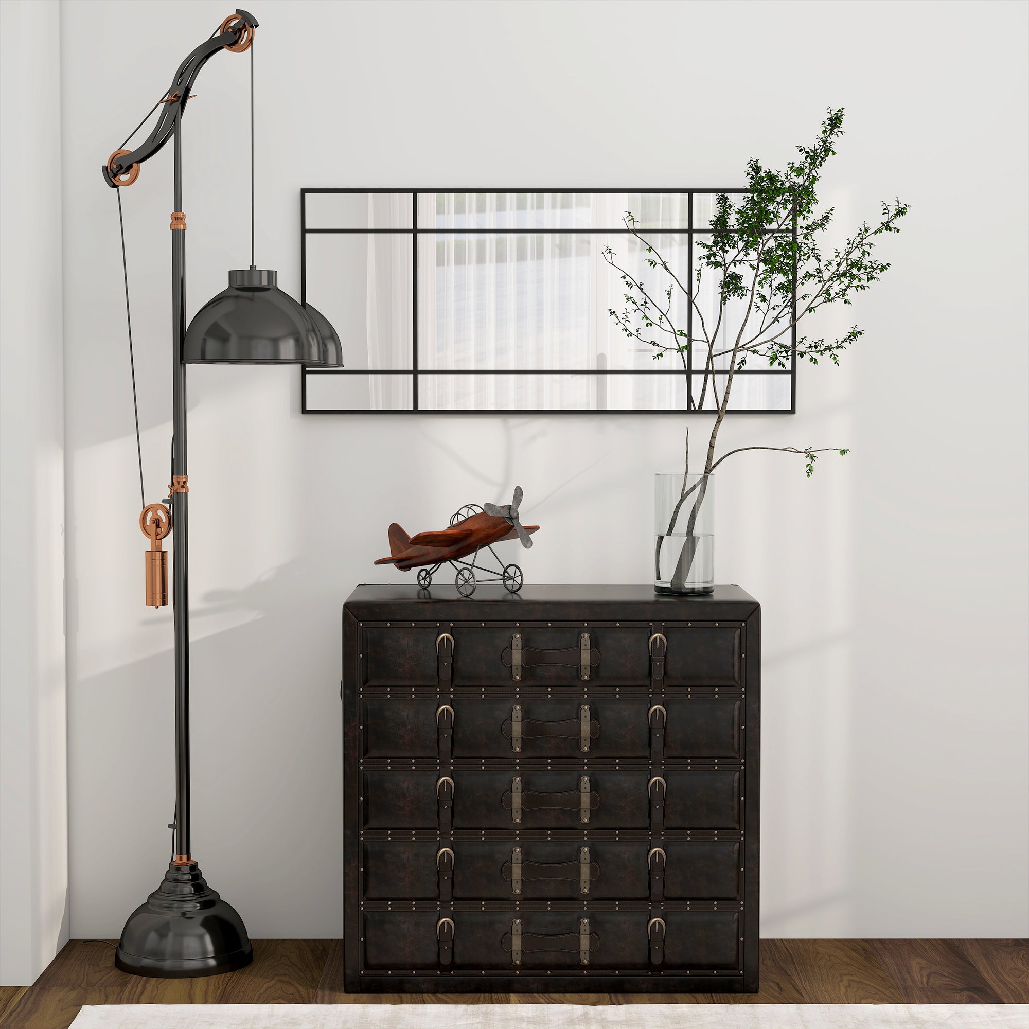 Specchio da Parete Stile Finestra 110x50 cm con Montaggio Verticale e Orizzontale Nero