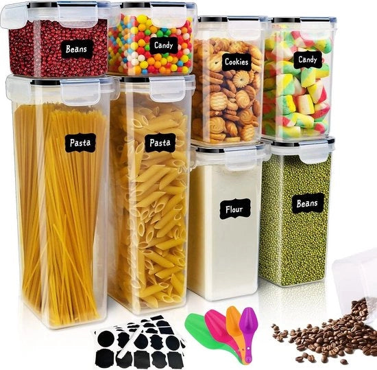 Set di Contenitori Aria Imprigionata da 8, Cassetti di Magazzino con Coperchio di Plastica per Contenitori di Ricarica per Spaghetti, Farina, Muesli, Cornflakes (2,8L, 2L, 1,6L, 0,8L)