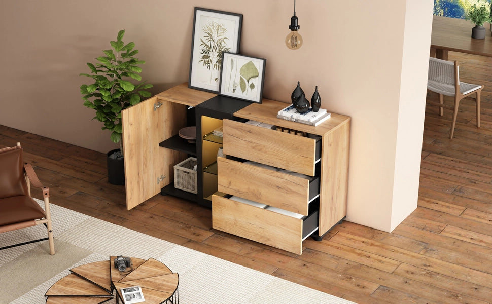 Credenza Moderna 140 cm Mobile Buffet Nero e Marrone con 3 Cassetti e Luci LED