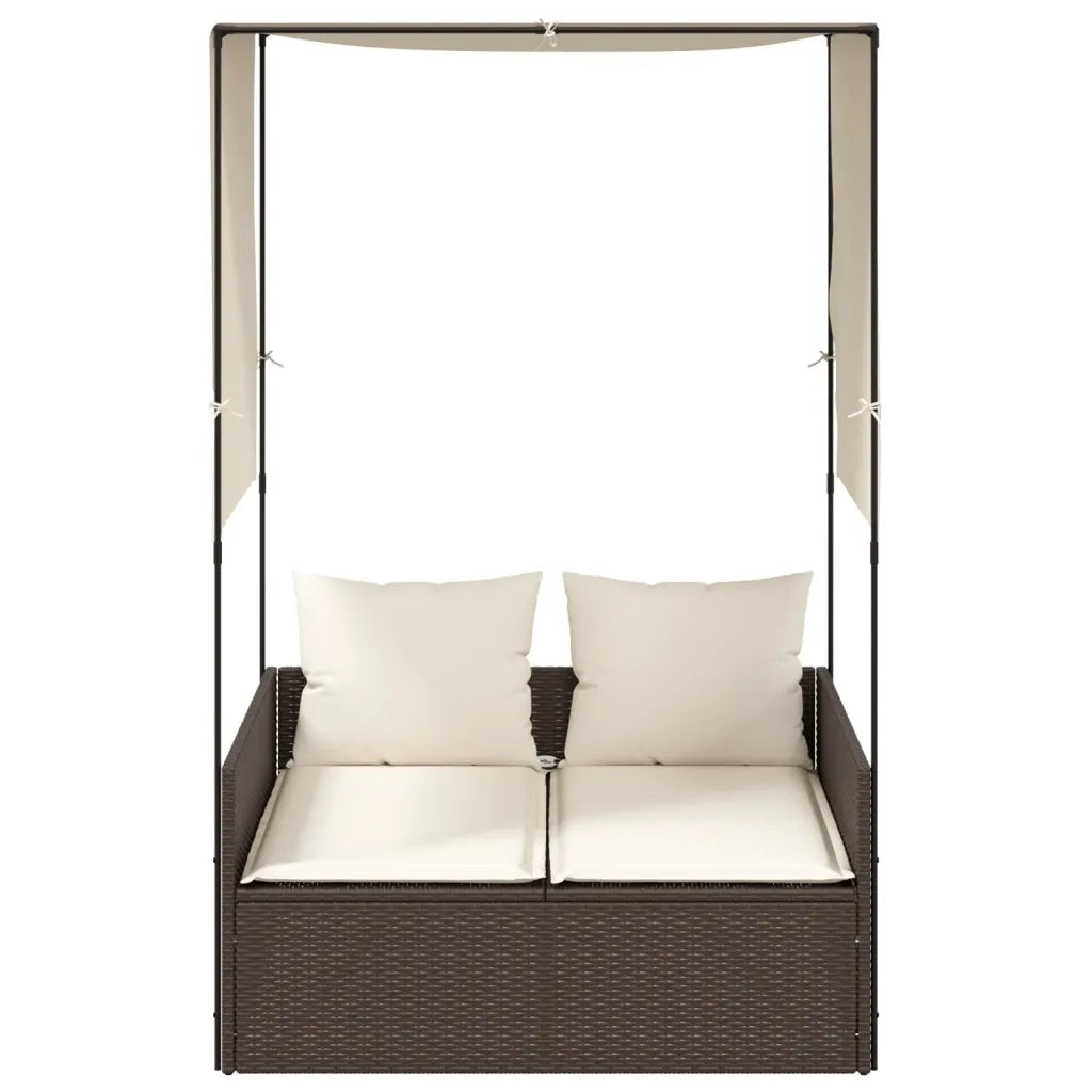 Lettino Prendisole | Sdraio da giardino | Lettino da sole con Tetto e Tende Marrone in Polyrattan