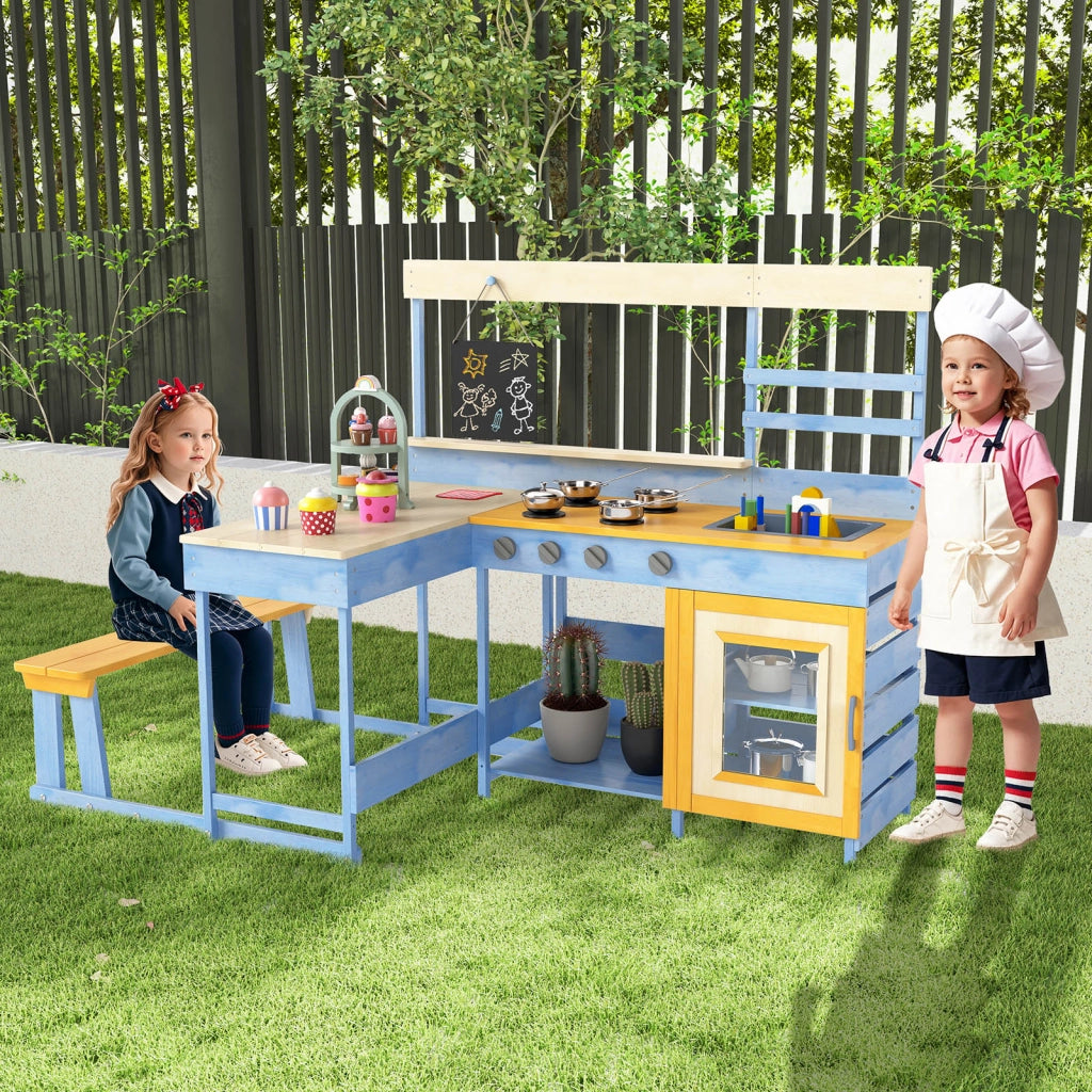 Cucina da giardino con tavolo da picnic per bambini-Set gioco in legno di abete con panchina Blu