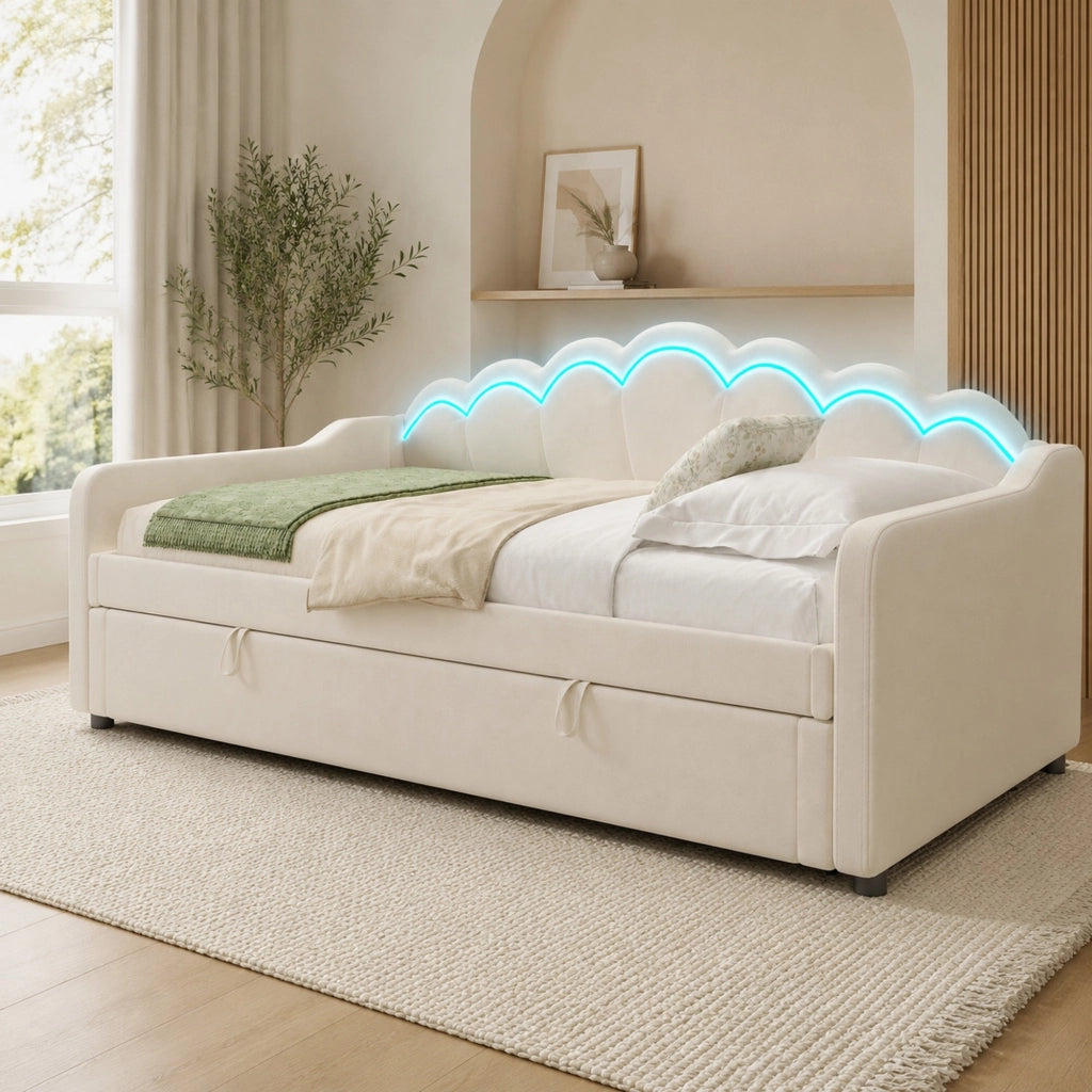 Divano letto con contenitore e LED, in velluto beige, 90x200 cm