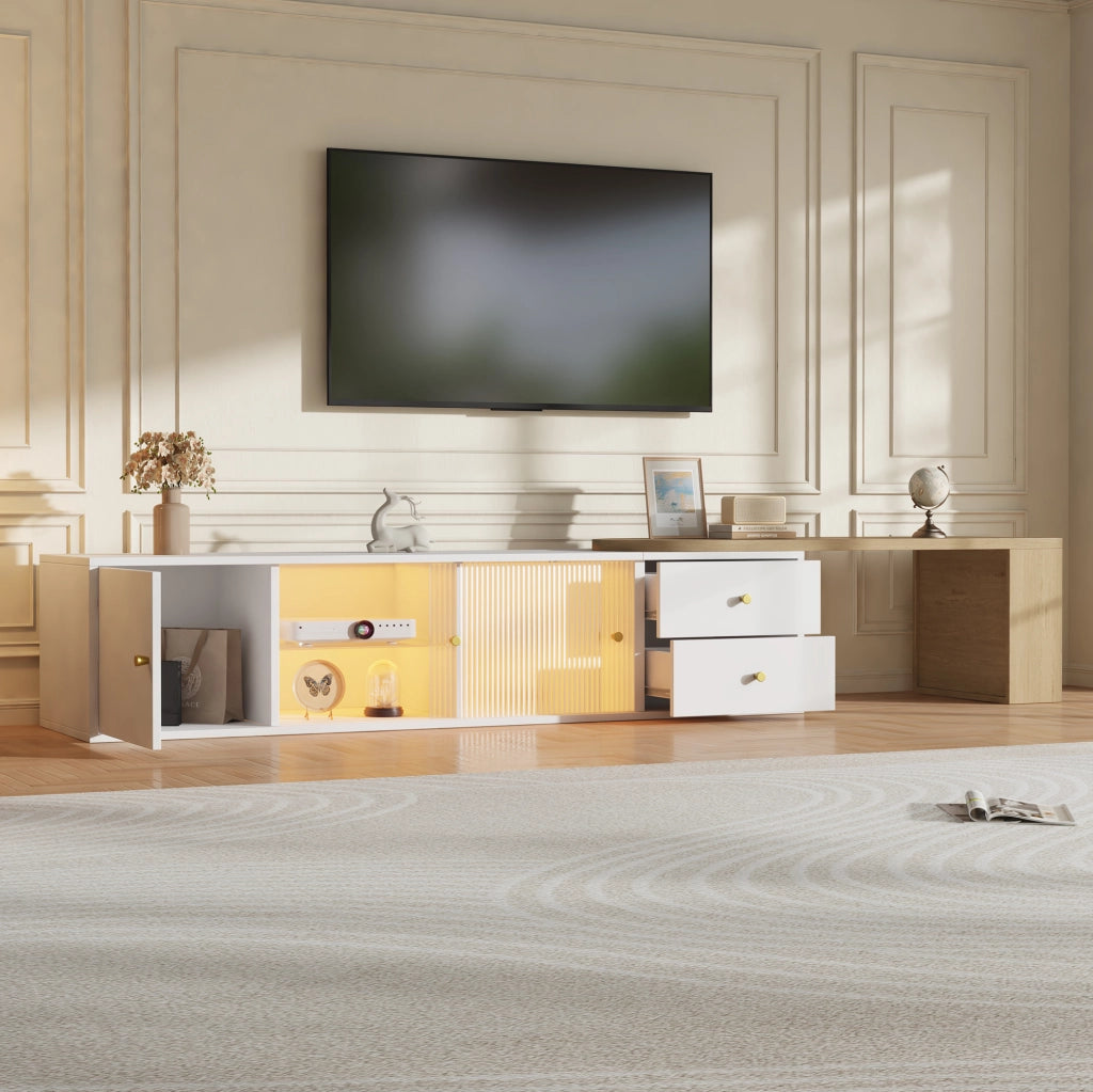 Mobile TV allungabile con LED RGB, vetro rigato e ripiano laterale, bianco e naturale