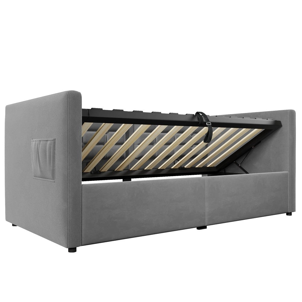 Letto Singolo Imbottito con Contenitore Idraulico ¨C MINIMAL ¨C Grigio, Velluto, 90x190