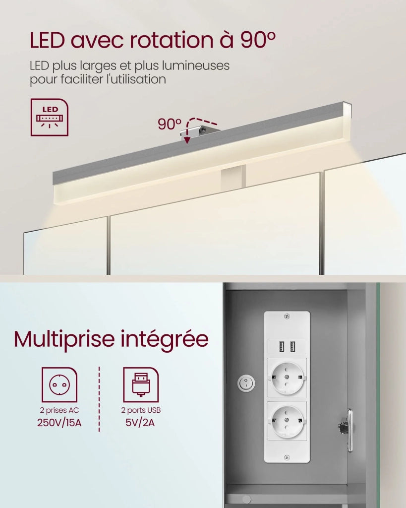 Mobiletto da bagno a 3 ante da parete con specchio multipresa cestino pensile portaphon e lavabo grigio 12_0006465