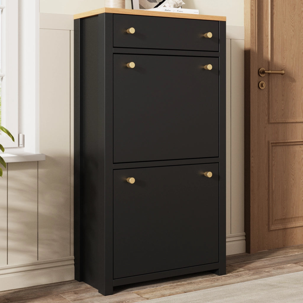 Scarpiera con 2 ante a ribalta; 1 cassetto e ripiani regolabili per ingresso; MDF; 50×25×95 cm