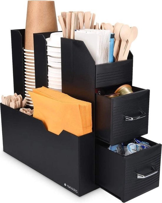 Organizzatore per caffè e tè - Con contenitori per capsule, zucchero, latte e bustine di tè - Inclusa custodia per tazze capiente - Adatto per uso domestico o ufficio - Nero