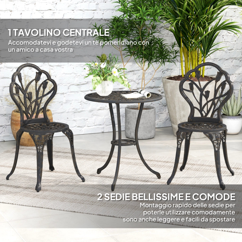 Set da Esterno 3 Pezzi con 2 Sedie da Giardino e Tavolo Rotondo con Foro per Ombrellone, Bronzo