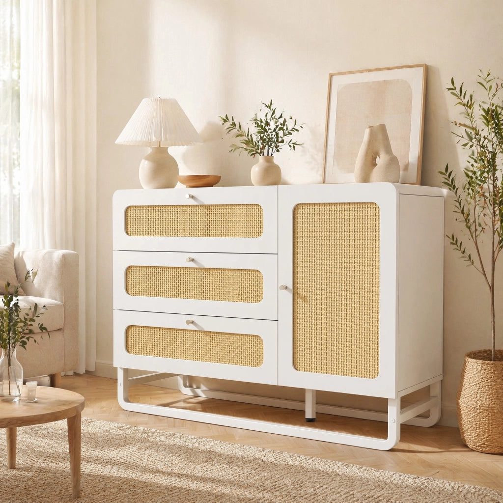 Credenza con 3 cassetti e anta con ripiani regolabili in MDF e metallo bianco 120 × 40 × 85 cm