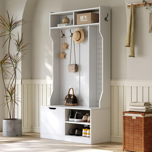 Set vestiario completo con panchina - Xylo - 6 ganci, 1 anta, 4 ripiani aperti, bianco, 100x185.5x40 cm