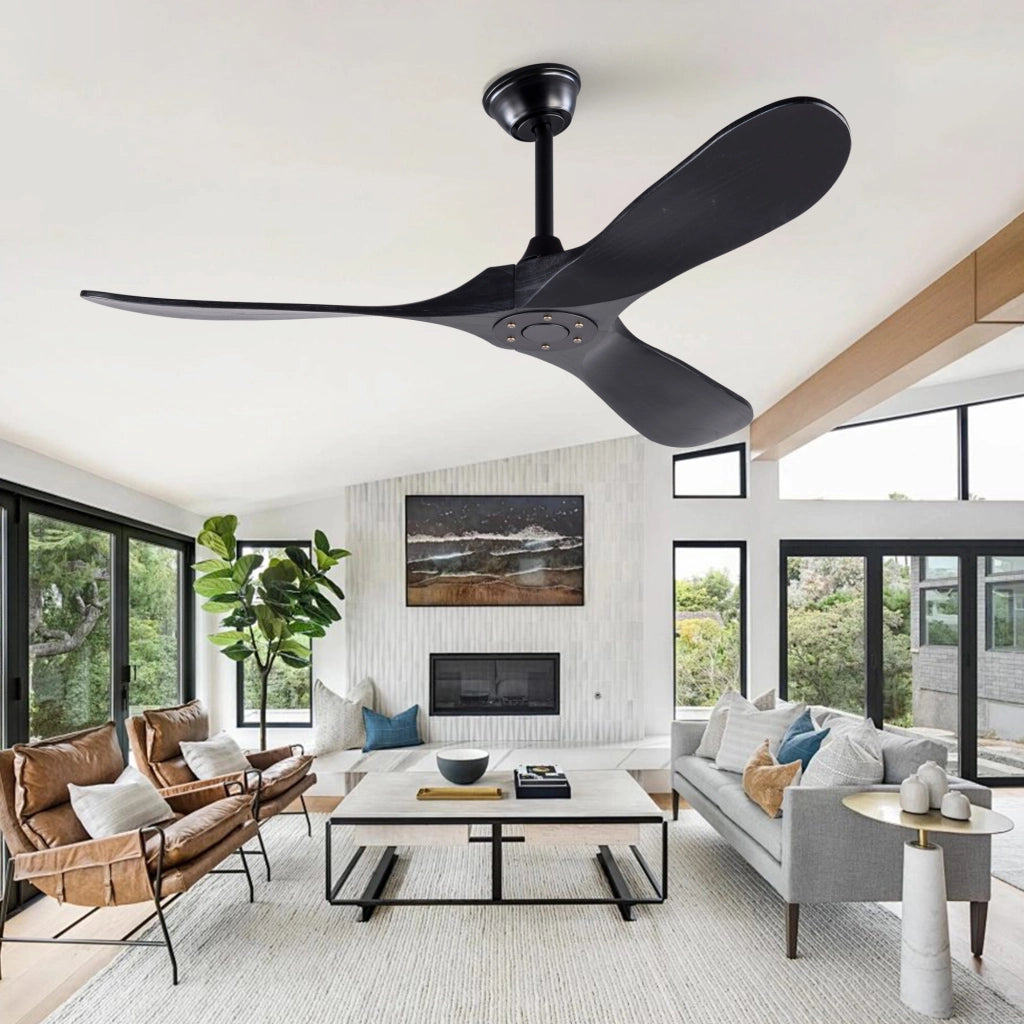 Ventilatore da soffitto nero design moderno 52 pollici, 3 pale legno massello, senza illuminazione, motore DC reversibile silenzioso