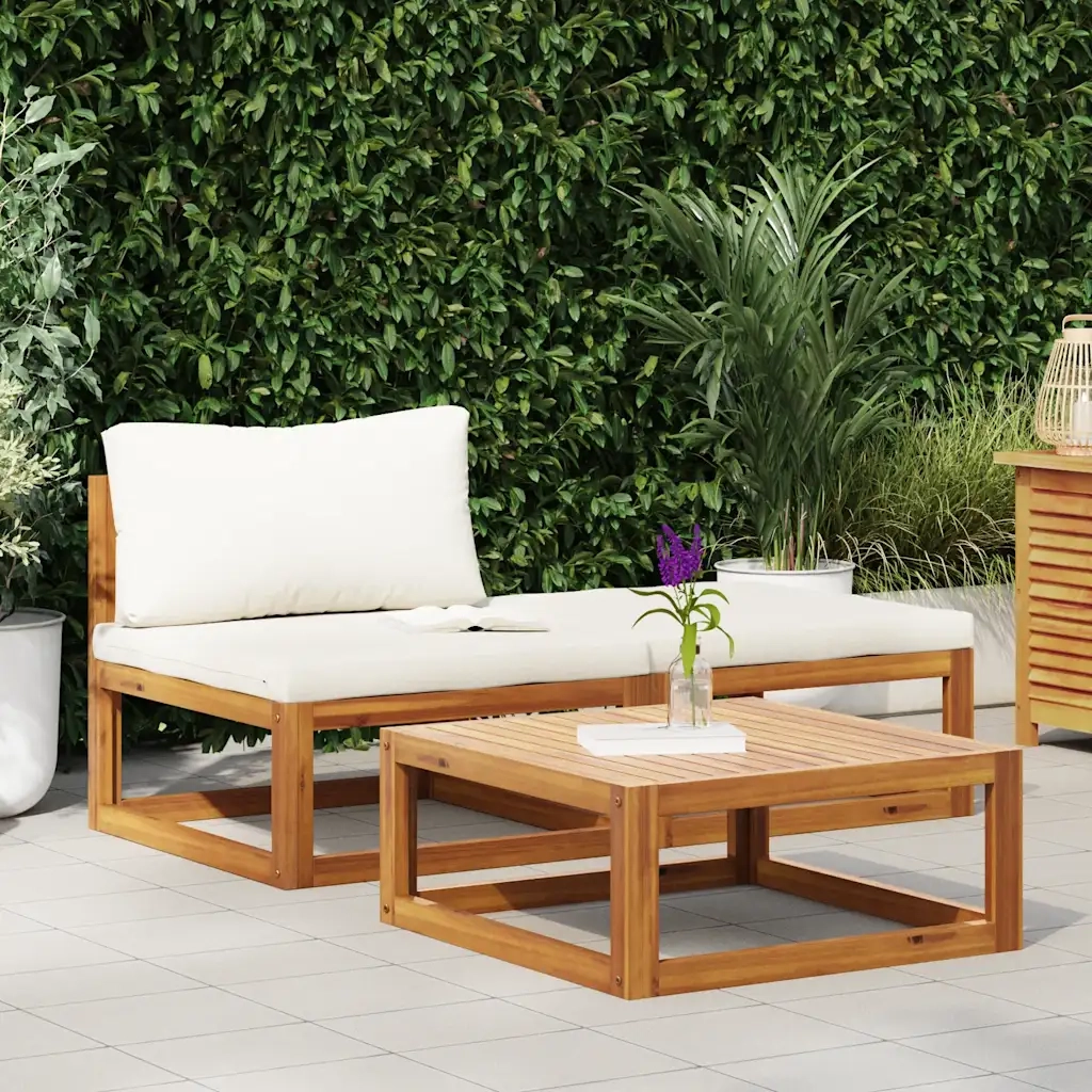 Set Divani da Giardino 3 pz con Cuscini Crema in Legno Acacia