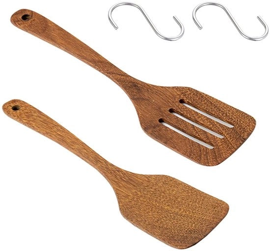 Spatole in legno per cucina - Resistente al calore - Manici a forma di S - Accessori da forno - Adatto per la cottura - 2 pezzi