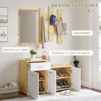 Set per Ingresso 3 in 1 con Appendiabiti a Muro, Specchio e Scarpiera con Panca in Legno