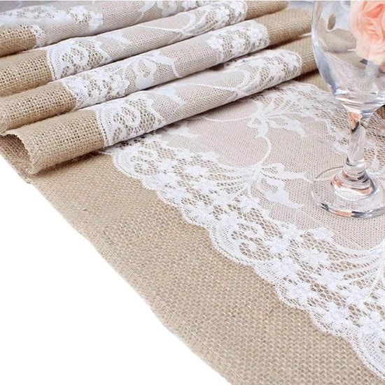 Tavolo da festa in juta con bordo bianco - Vintage e naturale per matrimoni e eventi