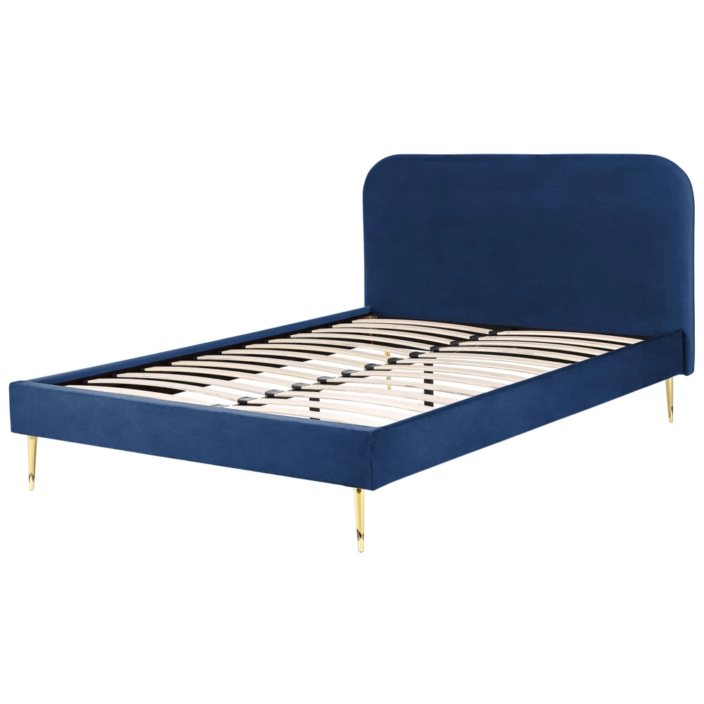 Letto blu marino velluto tappezzeria doppia dimensione gambe dorate testiera con rete a doghe 140 x 200 cm design minimalista