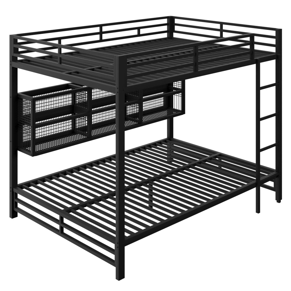 Letto a castello 140x200 cm in metallo nero con 6 armadietti e LED HAVRYA