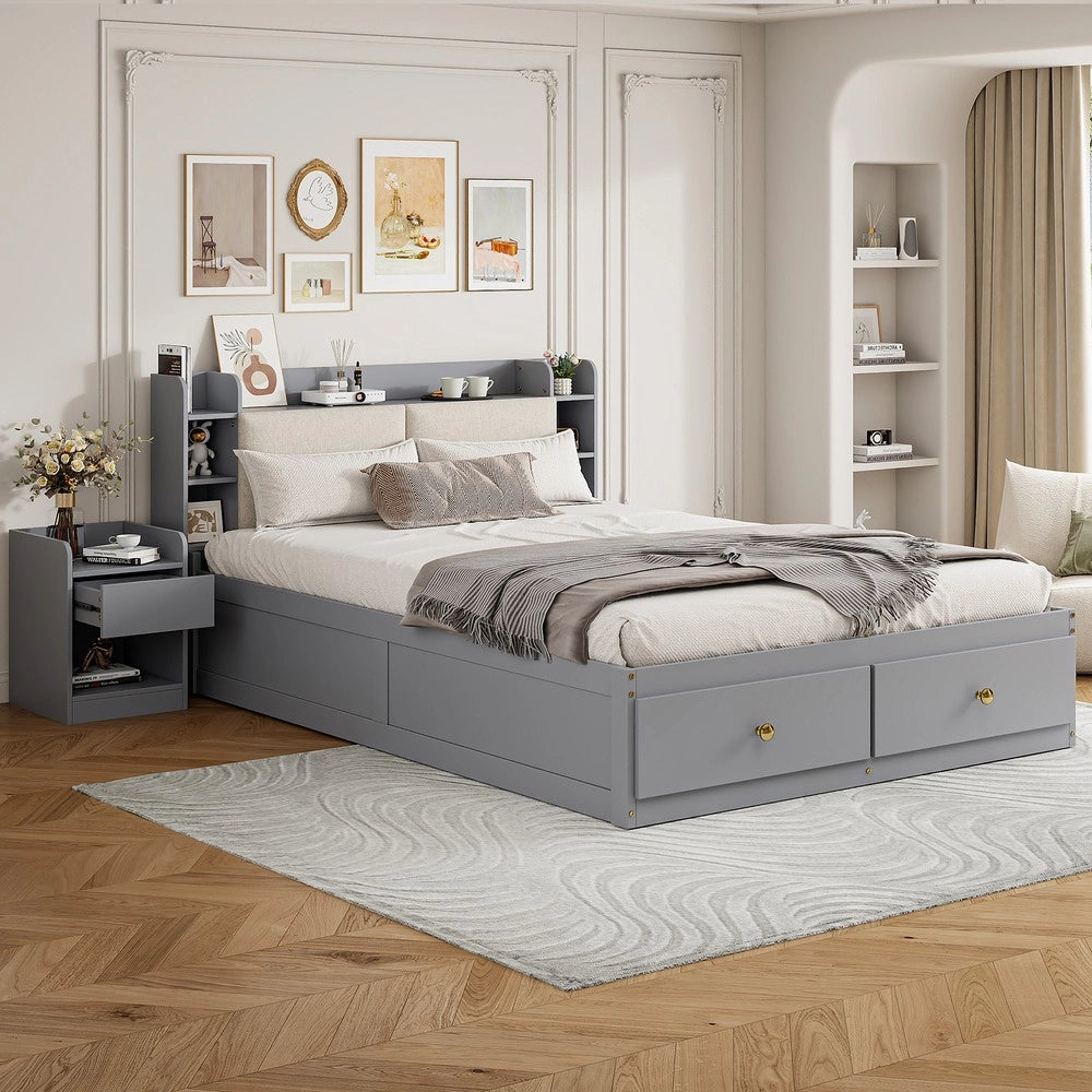 Letto Contenitore Matrimoniale in Legno Massello con Cassetti e Comodino ¨C MINIMAL ¨C Grigio 140x200