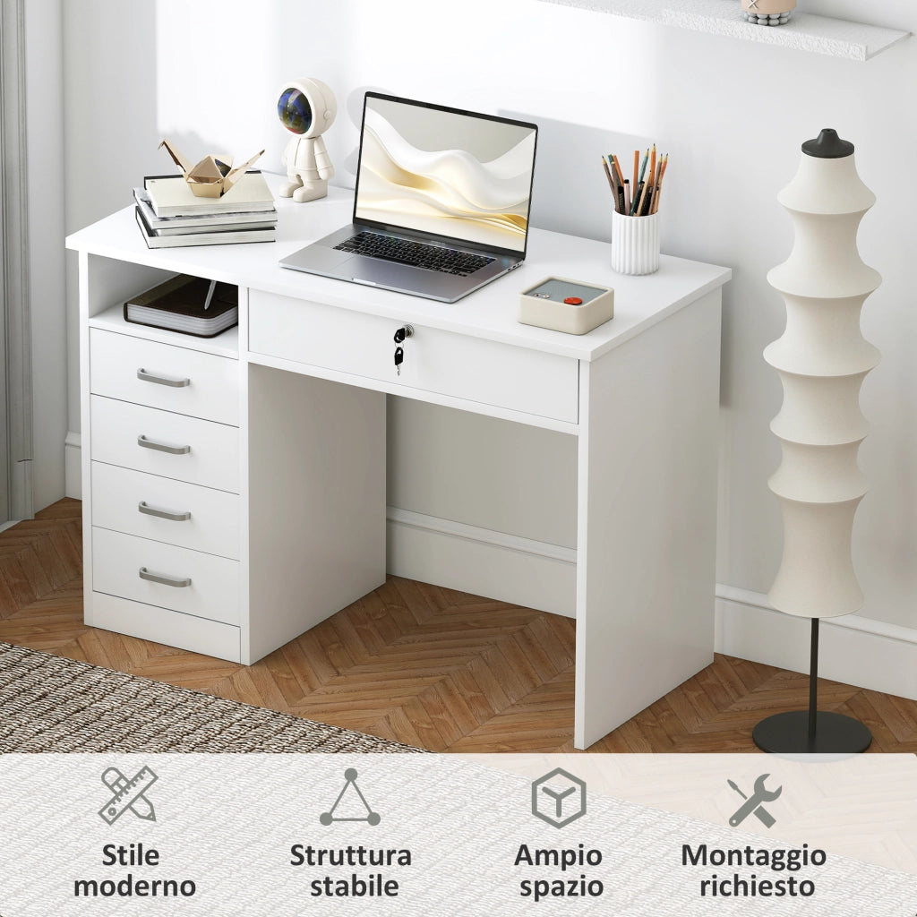 Scrivania per Camera o Ufficio in Legno con 2 Cassetti e 2 Chiavi, 110x50x76cm - Bianco
