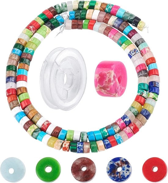 Set di 167 pezzi di perle di pietra naturale Heishi - Disco di energia fortunata perle di pietra - Moneta piatta rotonda perle di pietra con filo elastico per gioielli e armbandhi di artigianato