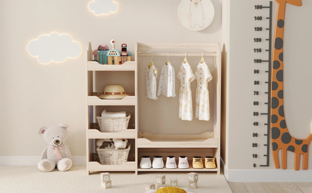Armadio modulare aperto per bambini con asta appendiabiti e 4 ripiani, in MDF, naturale, 110 × 39 × 110 cm
